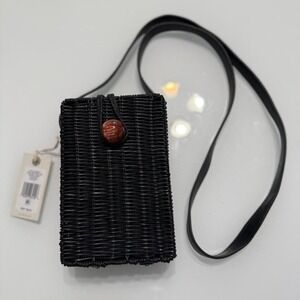New Lucky black woven rattan crossbody bag with snap closure and button detail